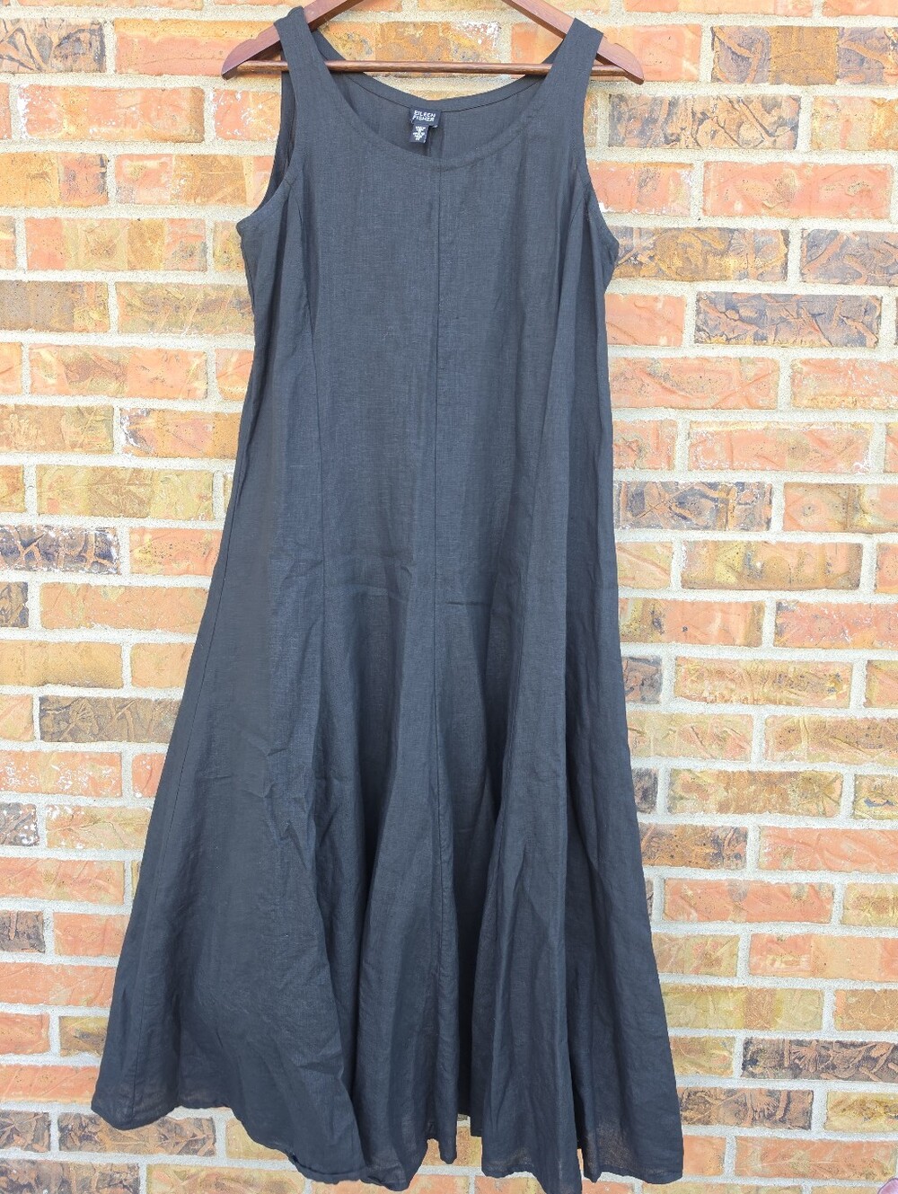 Eileen Fisher 100% Irish Linen Black A Line Maxi Dress Size M Unlined
